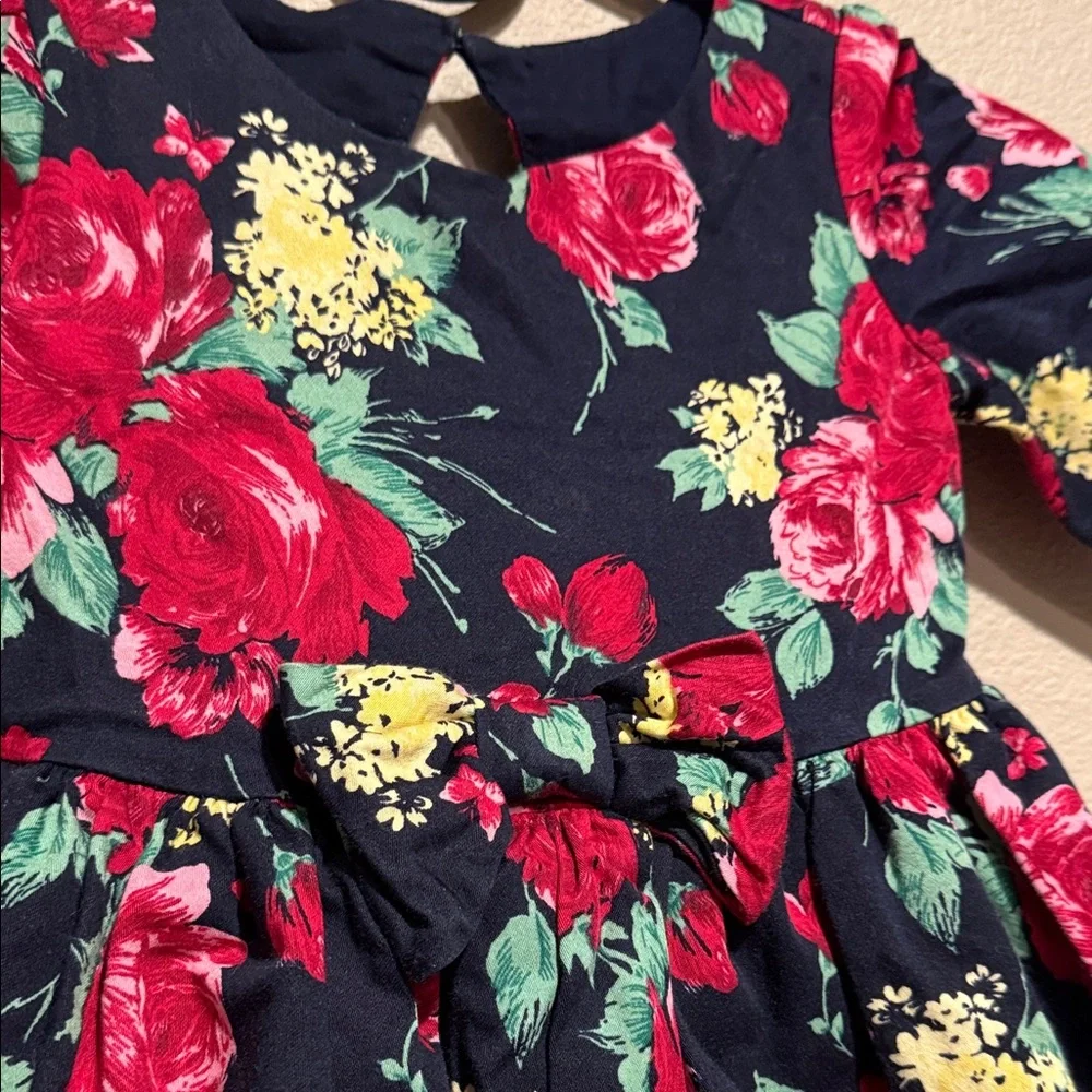 Janie And Jack Girl's Navy Floral Dress Bow Cut Out Back Size 3 yr (little girl)